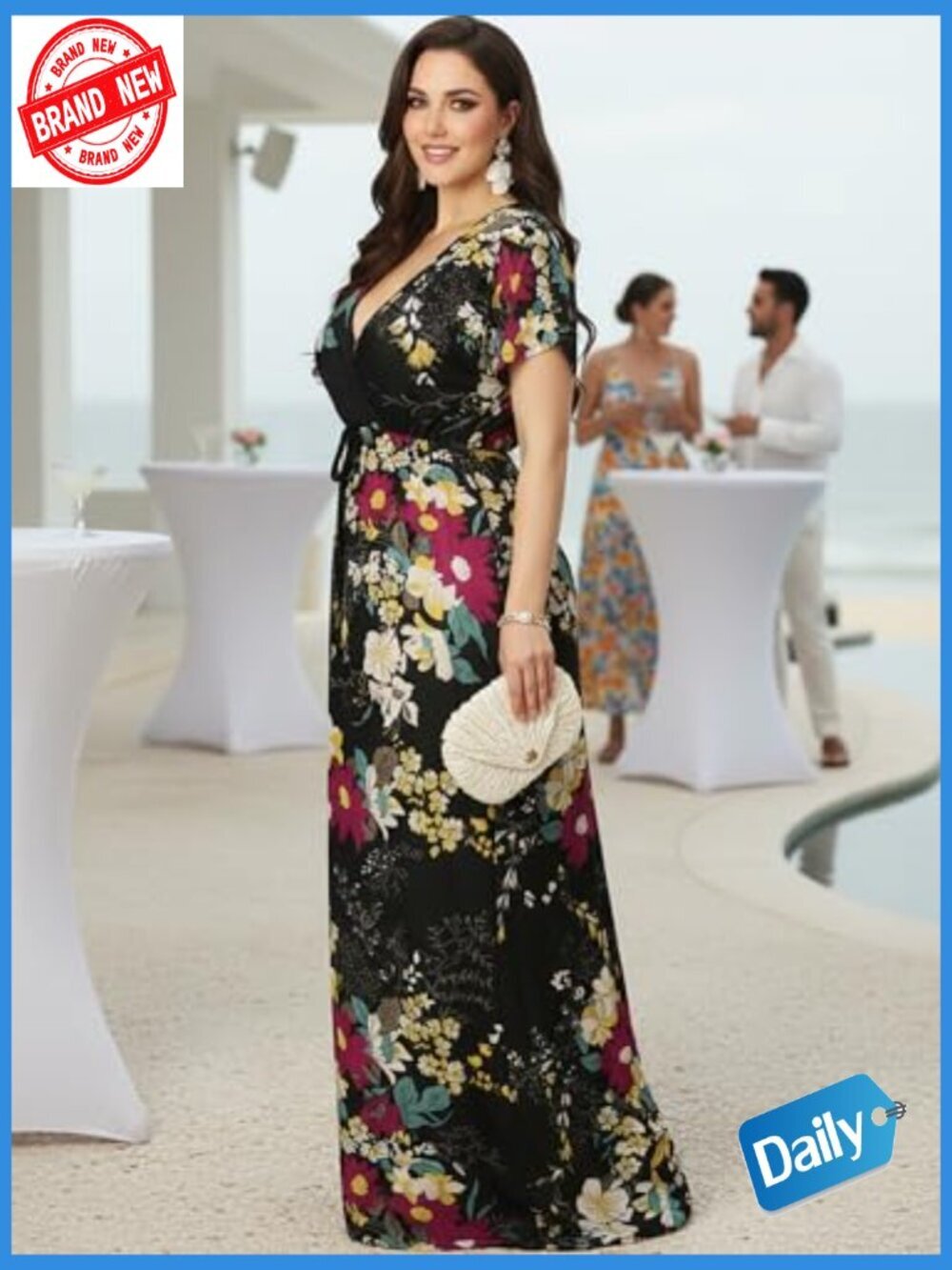 Floral Maxi Dress Kimono Sleeve V-Neck Flowy A-Line Long Dress Summer Wedding - Picture 3 of 7